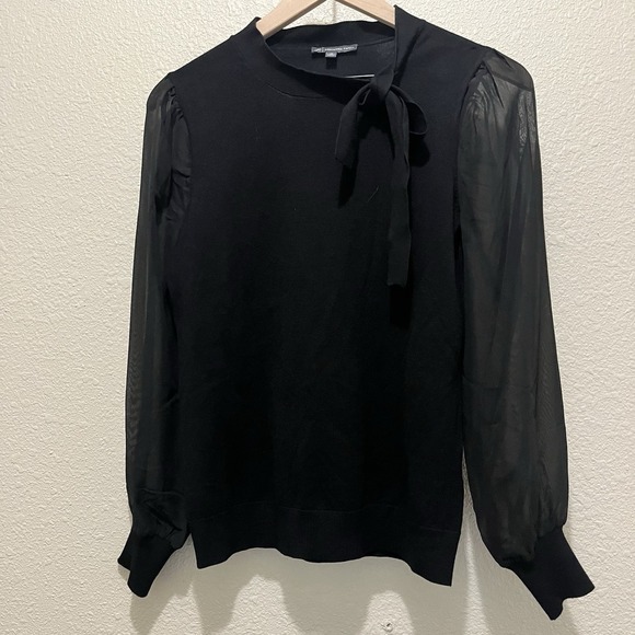 Adrianna Papell Tops - Adrianna Papell Tie Neck Puff Sheer Long Sleeve Women XS Black Preppy Whimsigoth
